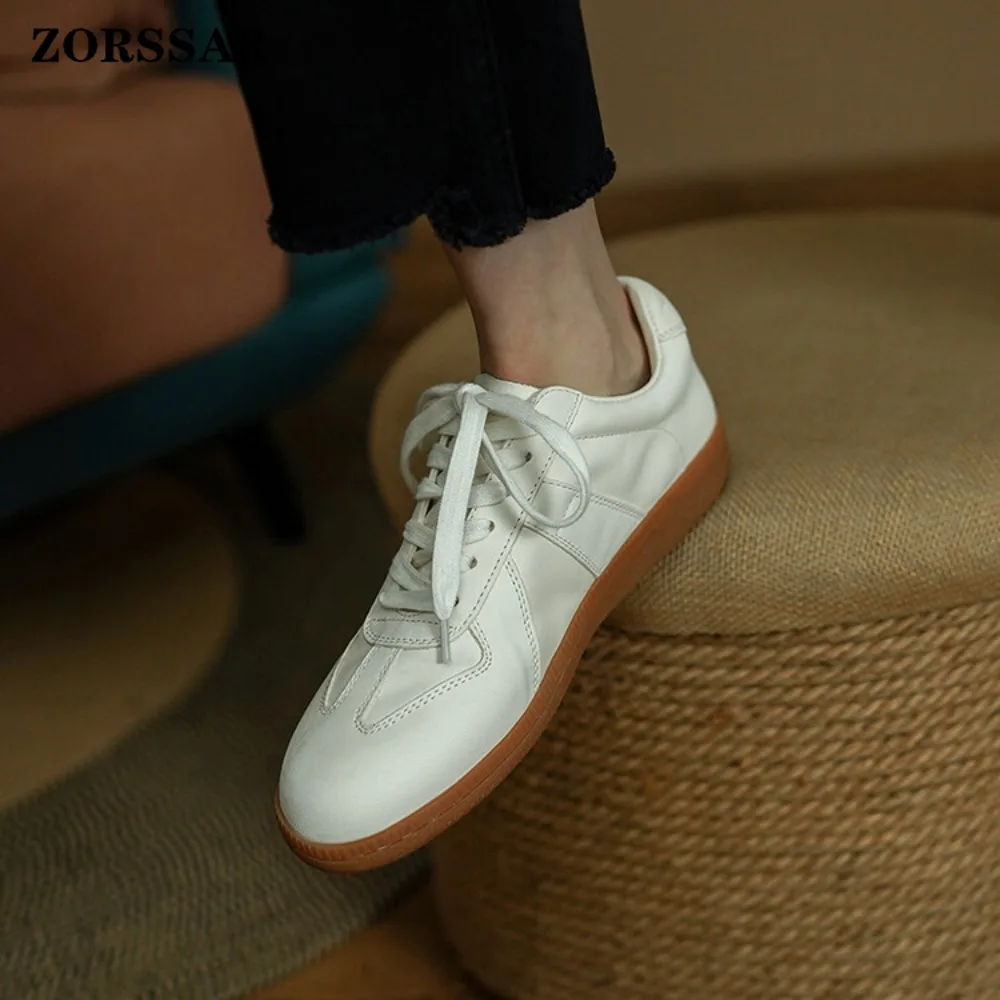 Womens Classic Leather Sneakers Minimalist Low-Top White Shoes with Gum Sole Casual Retro German Trainer Style for Daily Commute - view 4