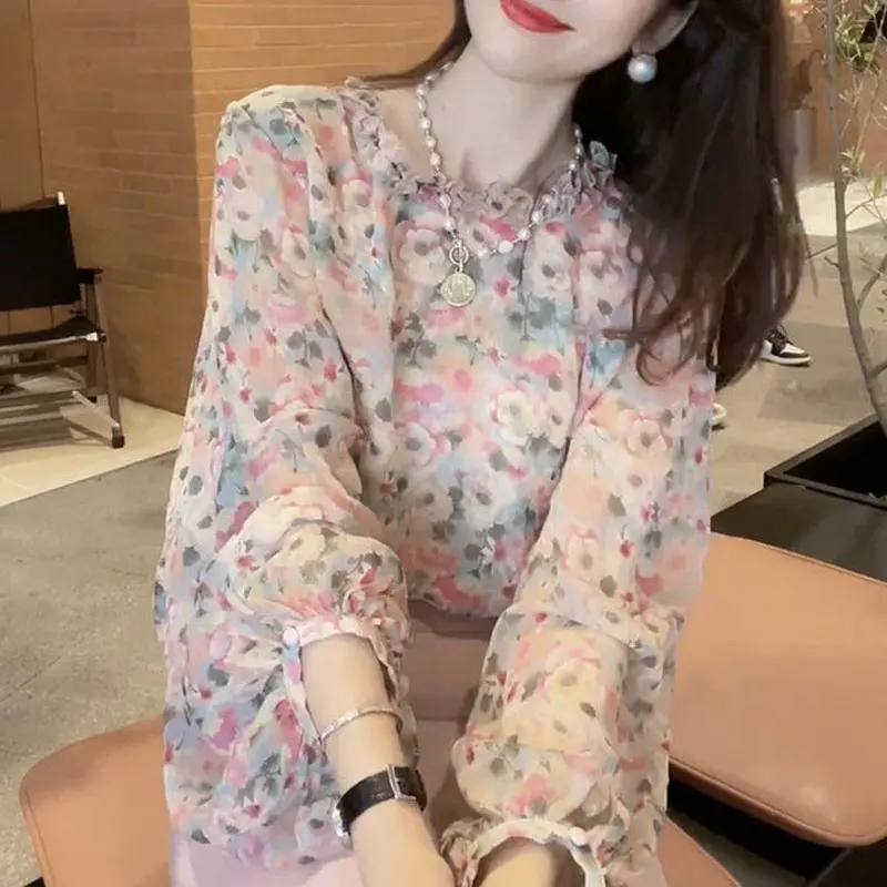 Office Lady Sweet Broken Flowers Shirt Spring Autumn Long Sleeve Casual Female Clothing Fashion Folds Round Neck Loose Blouse