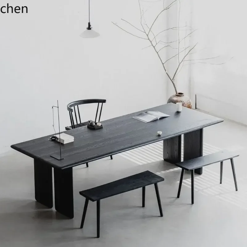 H-G17 Wabi-Sabi Style Carbonized Office Meeting Table Small Apartment Black Solid Wood Desk Workbench