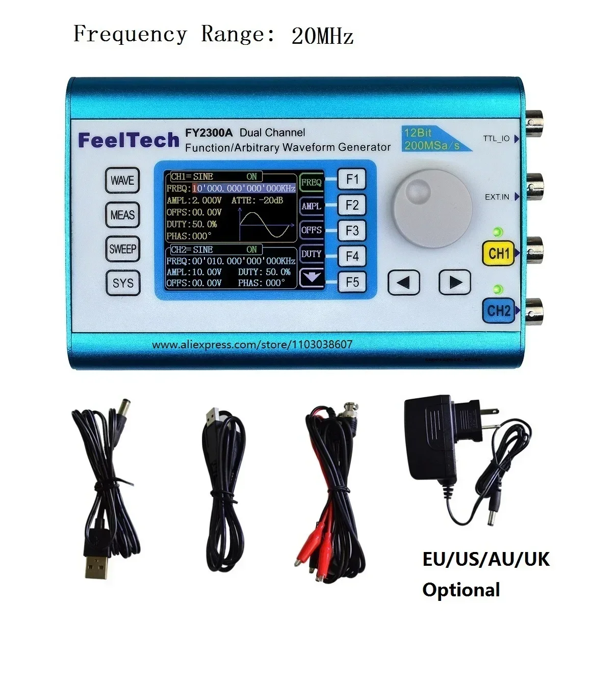 FY2300 20MHz DDS Function Signal Generator  Arbitrary Waveform Dual Channel Sine Wave Frequency Spooky2 Compatible Used 14Bits