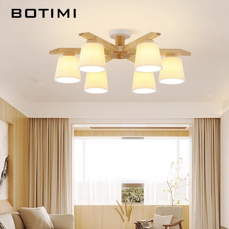 BOTIMI Solid Wood Chandelier With Fabric Lampshades For living Room Modern Wooden Bedroom LED Lustres Dining Lights Bedroom