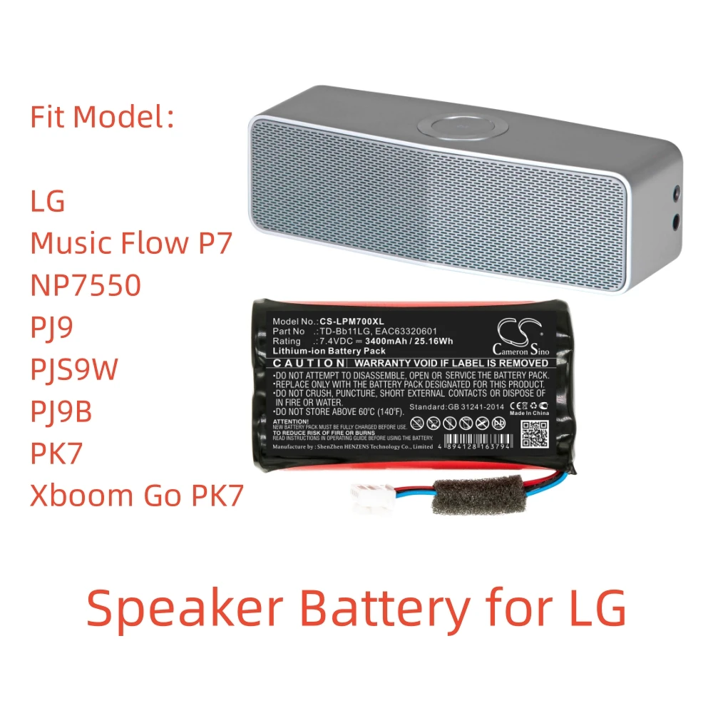 CS Li-ion Speaker Battery for LG,7.4V,3400mAh,Music Flow P7 NP7550 PJ9 PJS9W PJ9B PK7 Xboom Go PK7,TD-Bb11LG EAC63320601