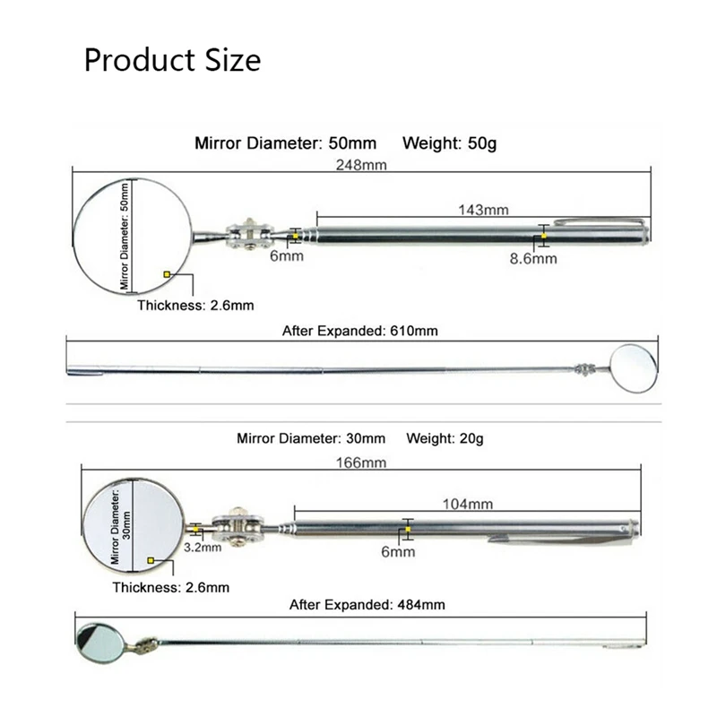 2X Универсальный складной телескопический отражатель для технического обслуживания автомобиля 50 мм