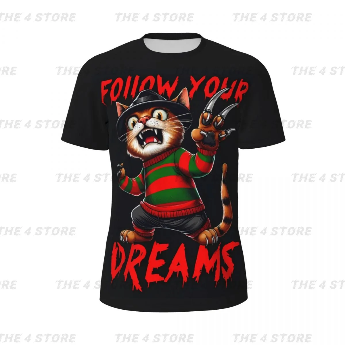 Halloween Horrify Freddy Cat 100% polyester printed T-shirt, Krueger Never Sleep Again Retro Top Men's Round Neck Clothing Tees