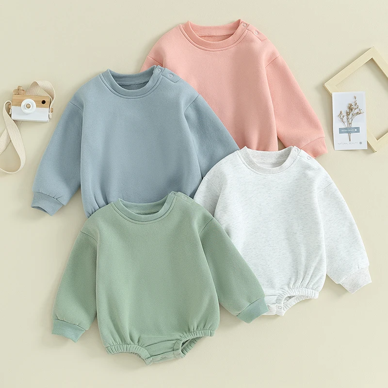 Baby Fleece Bodysuit Infant Boys Girl Solid Color Round Neck Long Sleeve Sweatshirt Jumpsuit Toddler Fall Clothes Streetwear