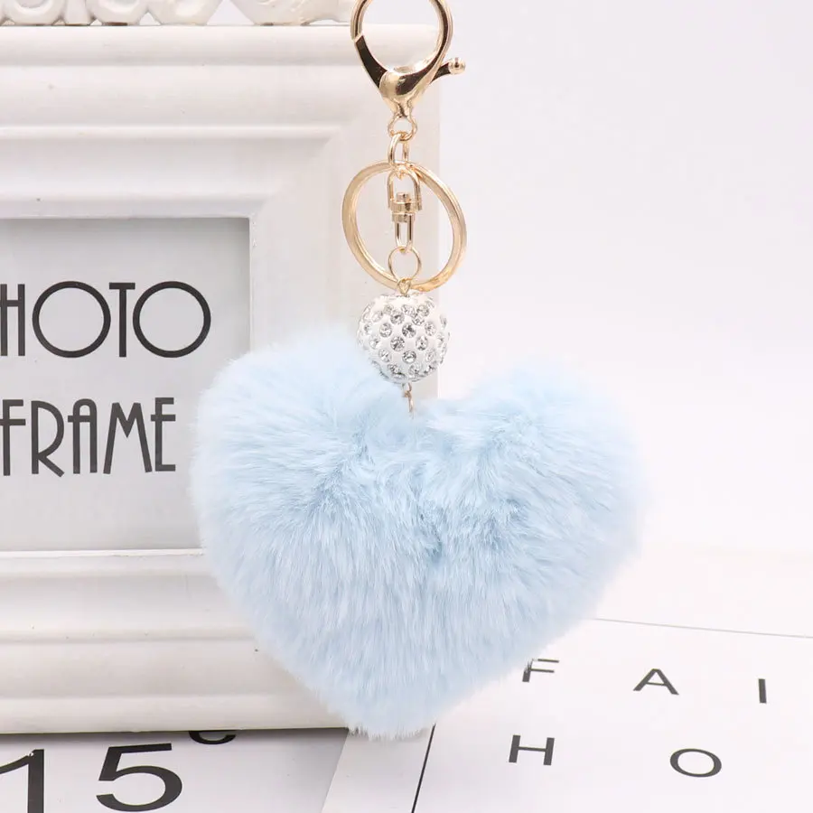 Soft Rabbit Fur Love Zircon Ball Charm Key Chain Jewelry for Women Colorful Love Key Ring Accessories Bags Keychains for Girls