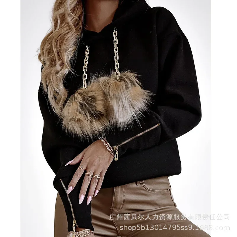 Pom Pom Decor Zip-up Long Sleeve Hoodie Women Solid Color Autumn Winter Sweatshirt Pullover