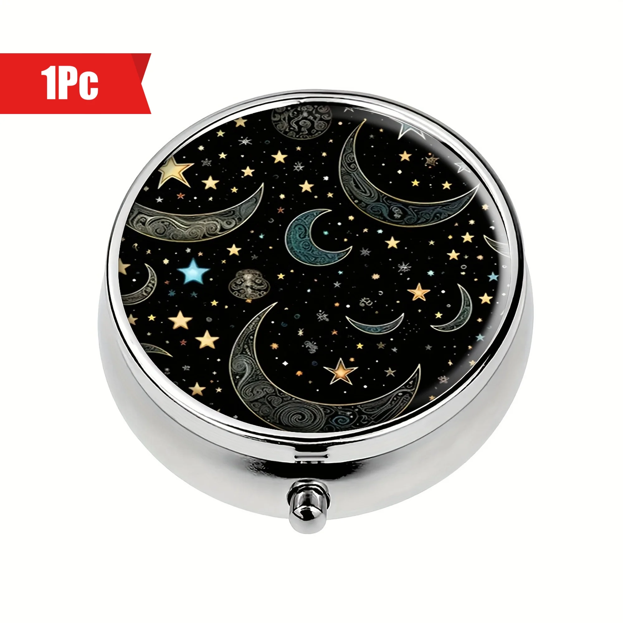 round medicine box with moon and starry sky pattern,pocket box with 3compartments,and travel medicine tablet vitamin storage box