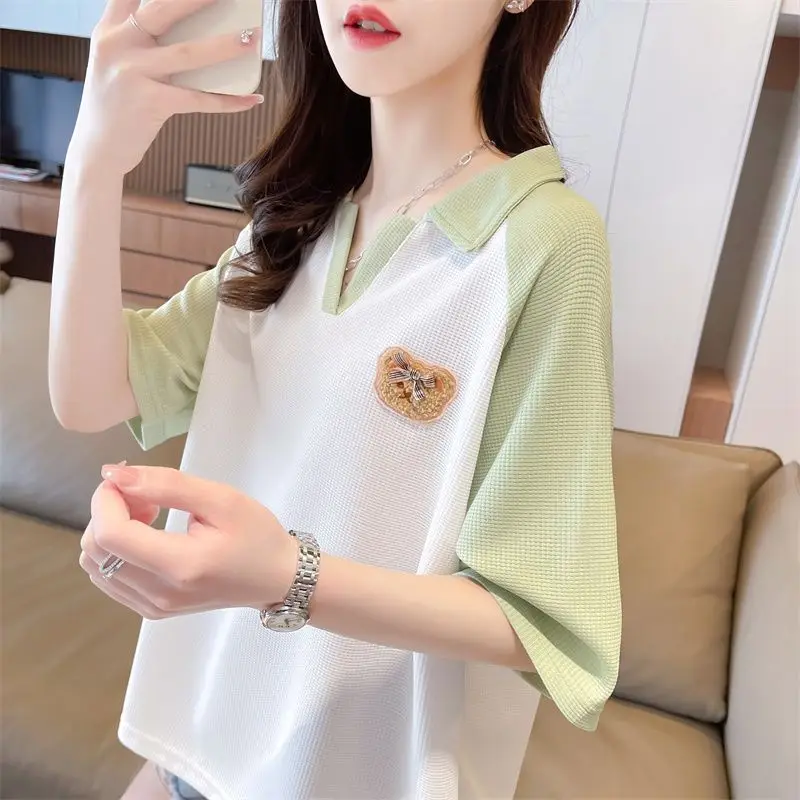 Summer Women's Solid Turn-down Collar Teddy Bear Embroidered Bow Paisley Short Sleeve T-shirt Casual Elegant Office Lady Tops