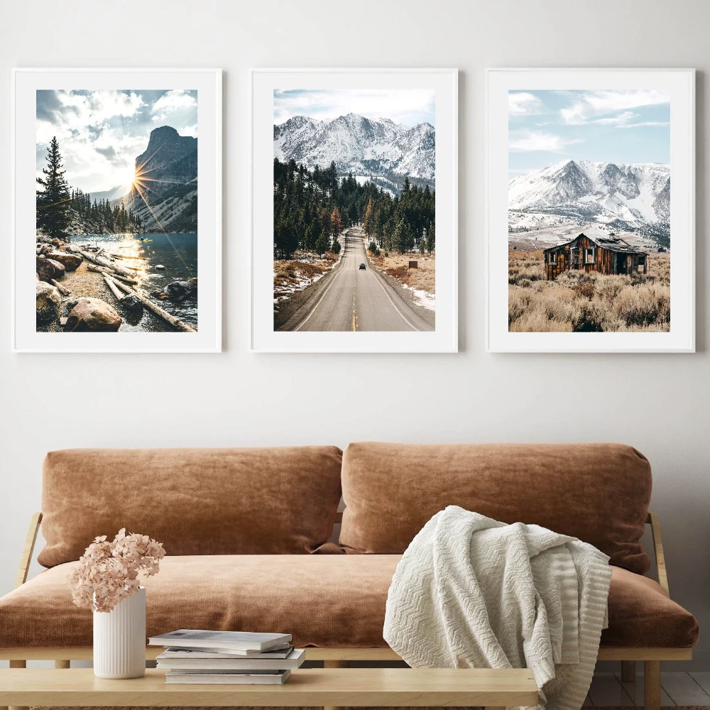 3pcs frameless Canvas Painting Nature Prints Set of 3 Landscape Road Print Rustic Barn Prints Forest Mountains Gallery Wall Prin