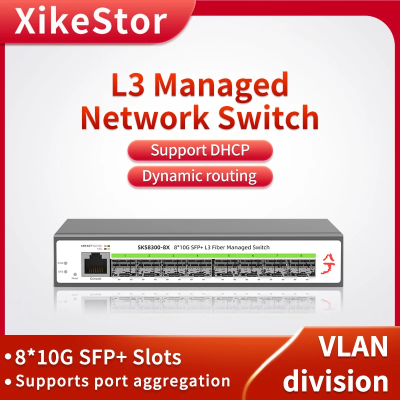 

XikeStor 8 Port 10G SFP+ L3 Managed Switch Fanless for Port Aggregation VLAN Division WEB/CLI Management DHCP Dynamic Routing