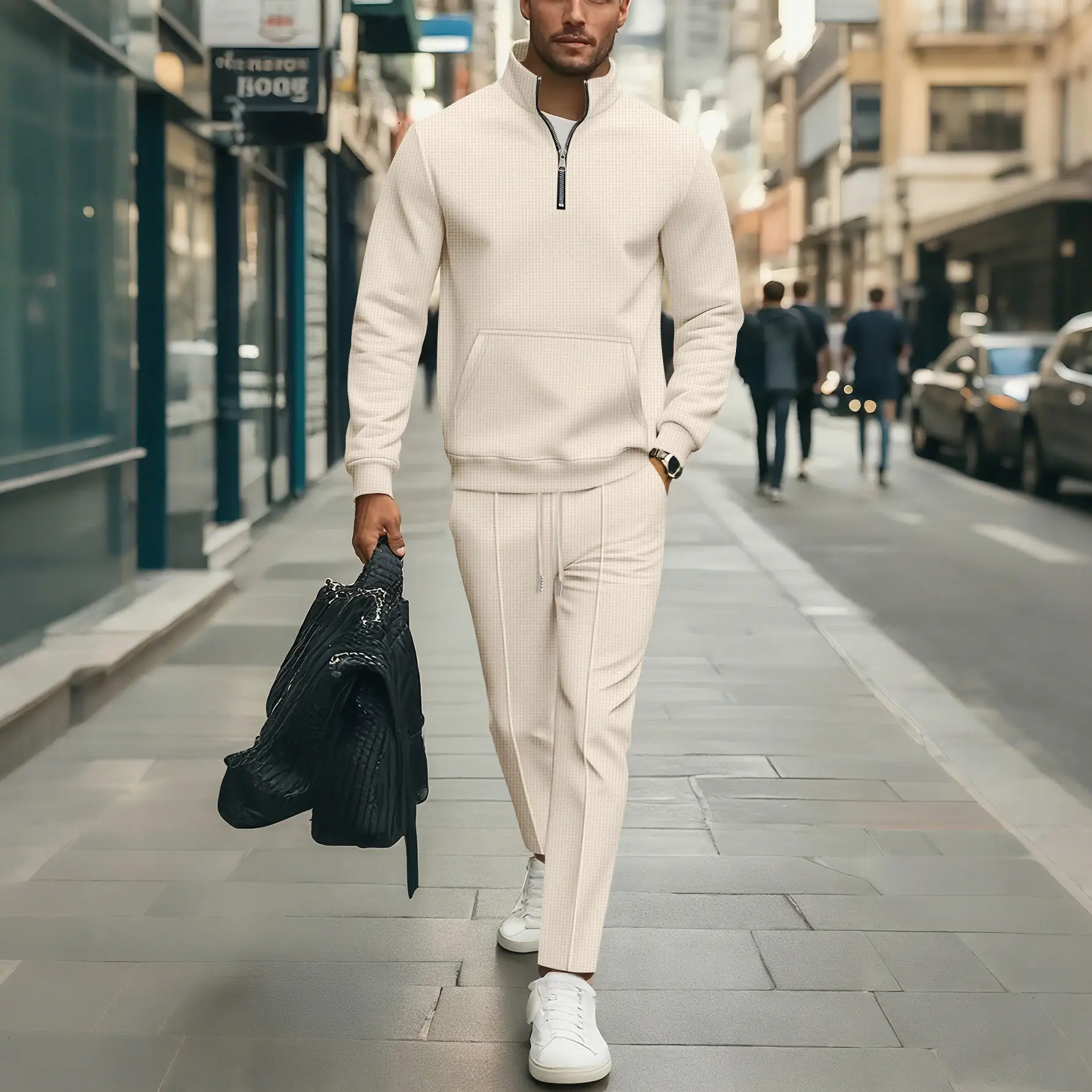 

New Autumn Pure Color Stand Collar Pocket Half Zip Long Sleeve Sweatshirt Pants Set Men's Clothing T-Shirt Long Pants Other