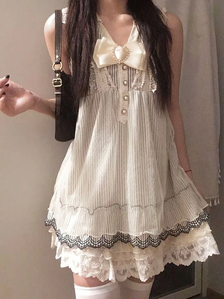 

Vintage Bow Tops Mini Skirt Women Elegant Slim Fit Dress Sleeveless Bodycon Casual Two Piece Set 2025 Fashion Summer New Female