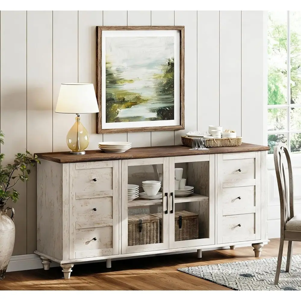 

Буфет со стеклянными дверцами для кухни и столовой, в деревенском стиле, из белого дерева, с акцентными элементами