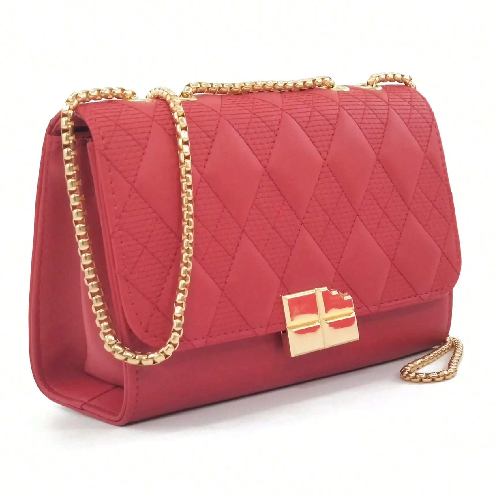 

Women's Quilted Small Shoulder Purse: Pure Color, Golden Chain Strap, Flap Closure, Stylish Clutch Bag