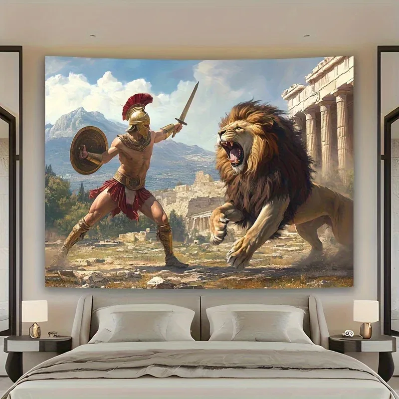 VIKAMA Greek Warrior Tapestry Featuring Epic Lion Battle Perfect Wall Decor for Bedroom Dorm and Living Room Elevate Your Space