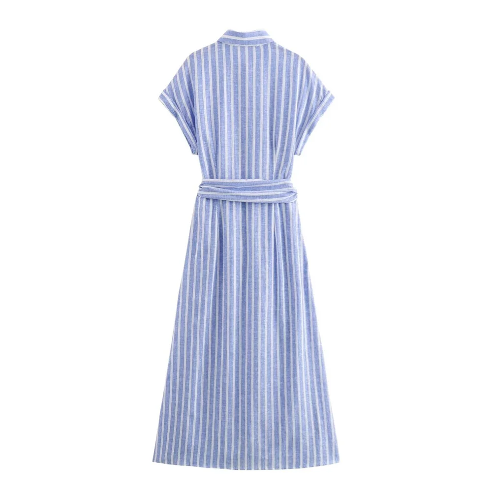 2024ZAR4 Summer New Women\'s European and American style French light luxury temperament linen blend striped shirt dress