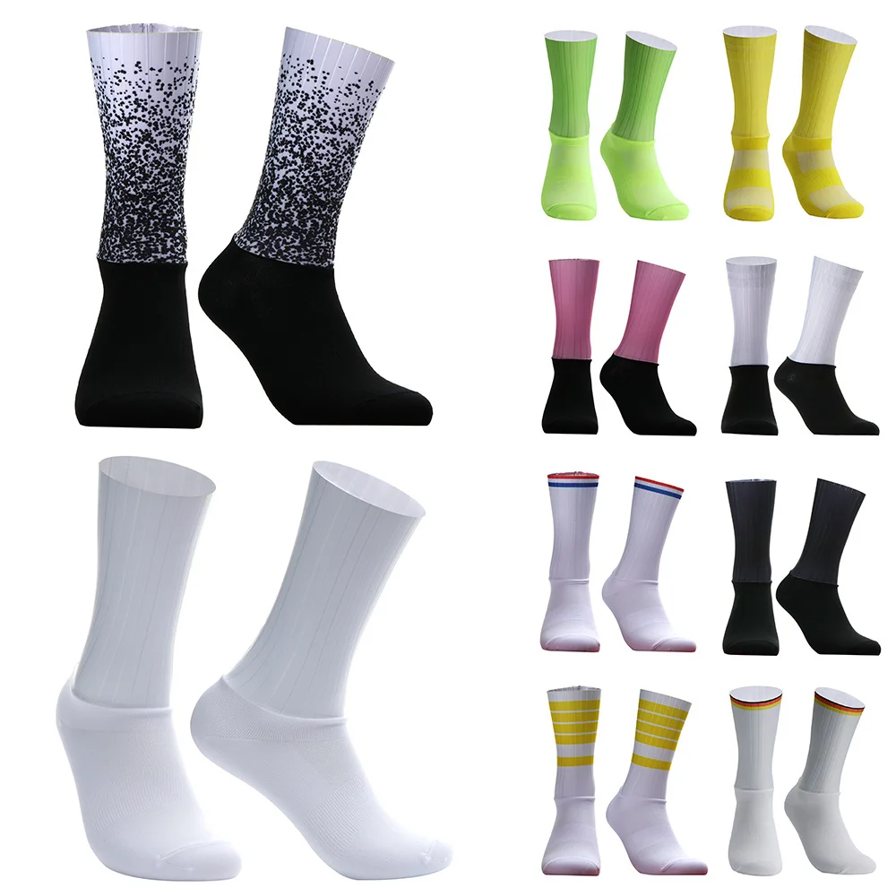 Calcetines aerodinámicos antideslizantes de silicona para hombre, Calcetines blancos para Ciclismo, deporte de bicicleta, correr, verano 2024