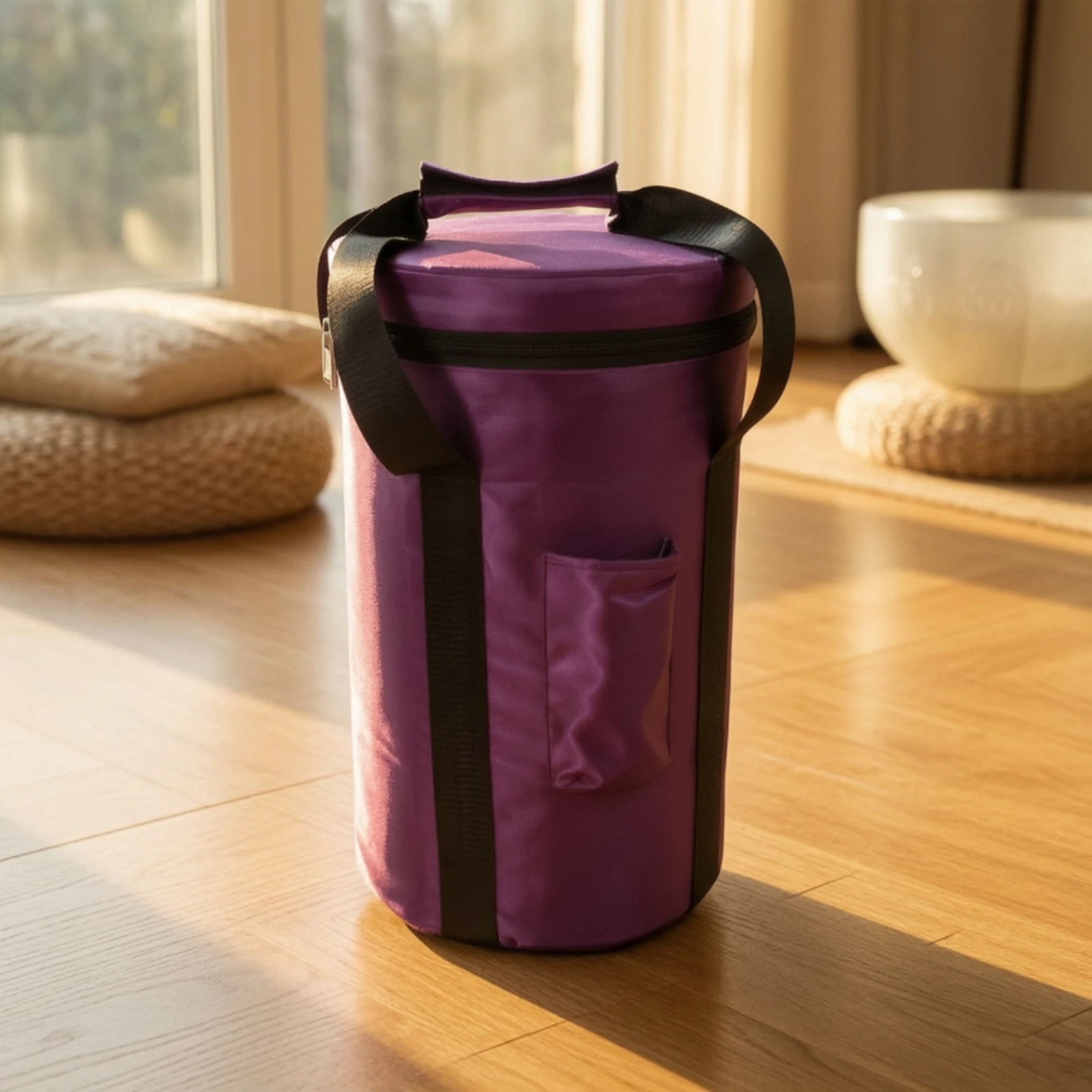 Singing Bowl Case with Side Pocket Handheld Singing Bowl Bag with Zipper Cylindrical Bag with Shoulder Strap Easy to Carry