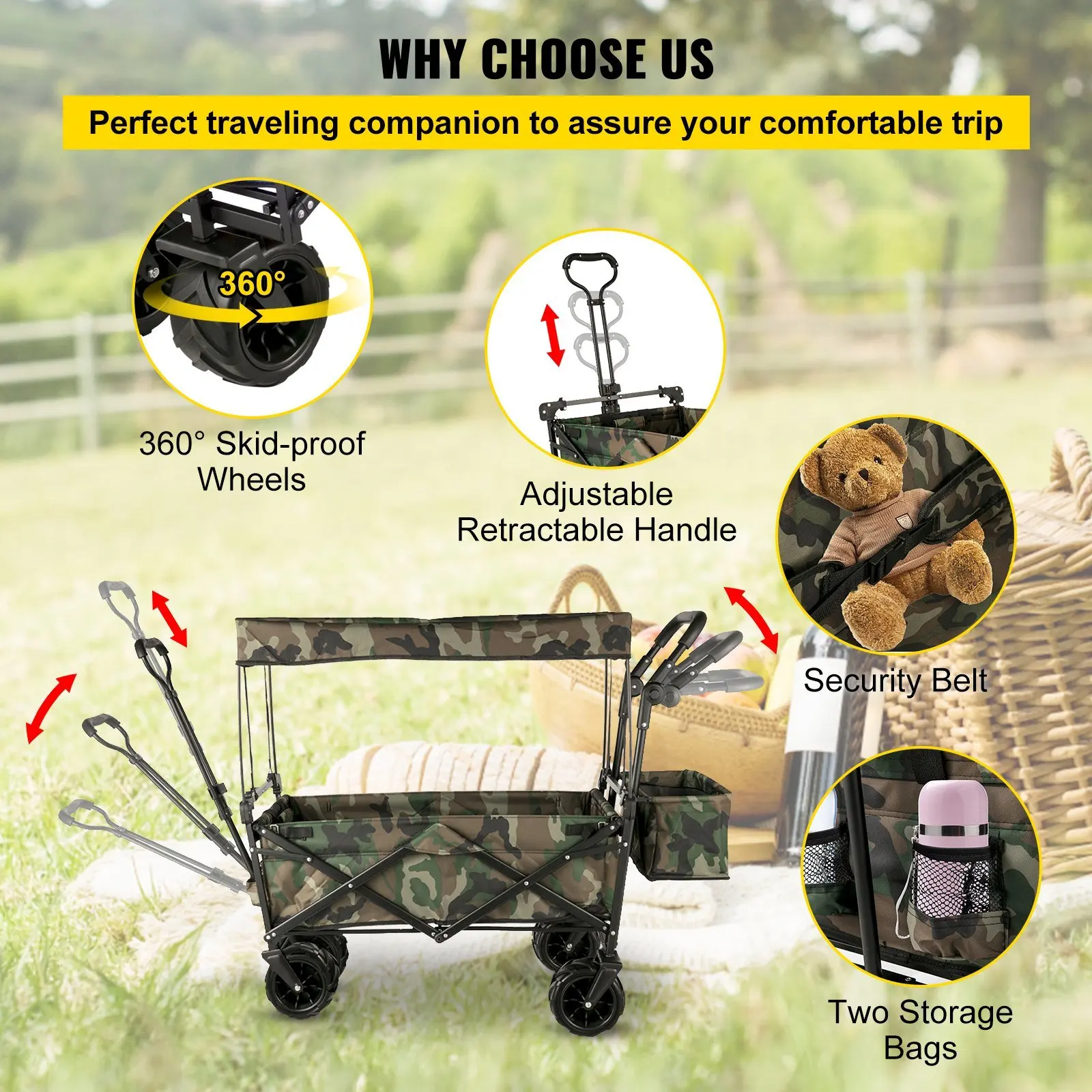 Foldable Folding Cart with Removable Canopy, Heavy Duty Foldable Cart, ATV for Garden, Camping, Grocery Cart, Camo with Wheels and Rear Storage