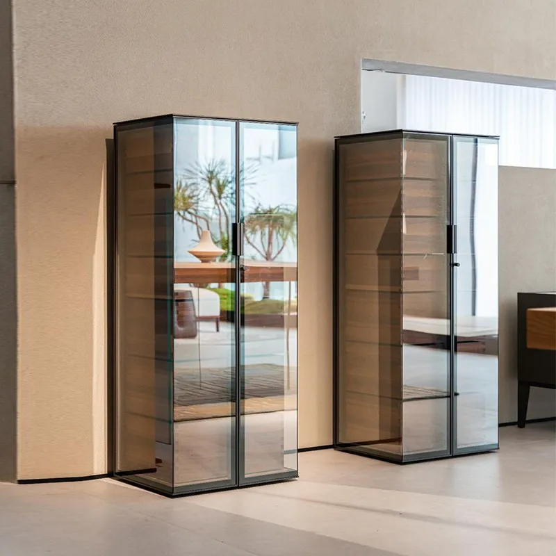 

Italian minimalist aircraft cabinet, seven-chest cabinet, tempered glass, transparent decorative cabinet, North American black