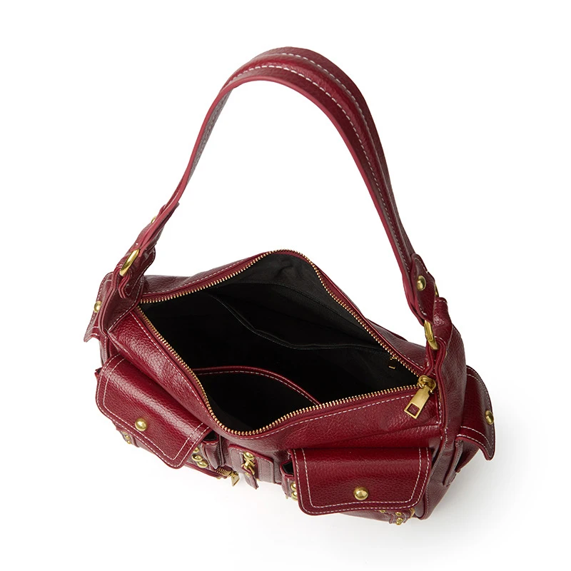 Vintage Y2K Rivet Multi‑Pocket Shoulder Bag for Women Cracked Faux Leather Hobo Handbag Punk Studded Large Capacity Crossbody