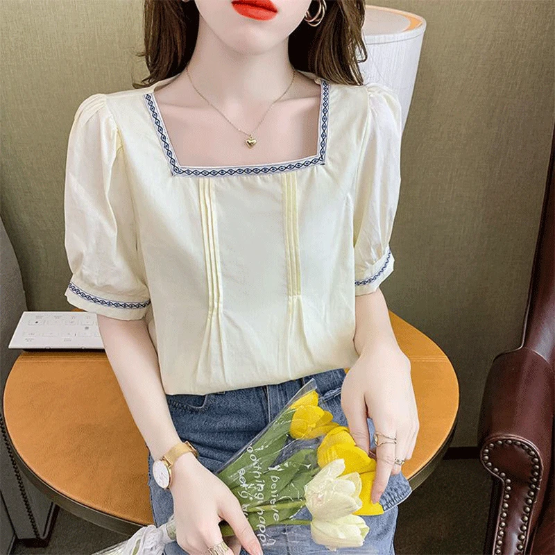 2024 New Summer French Women\'s Shirt Loose Casual Sweet Irregular Folds Splicing Solid The Square Collar Short Sleeve Chic Tops