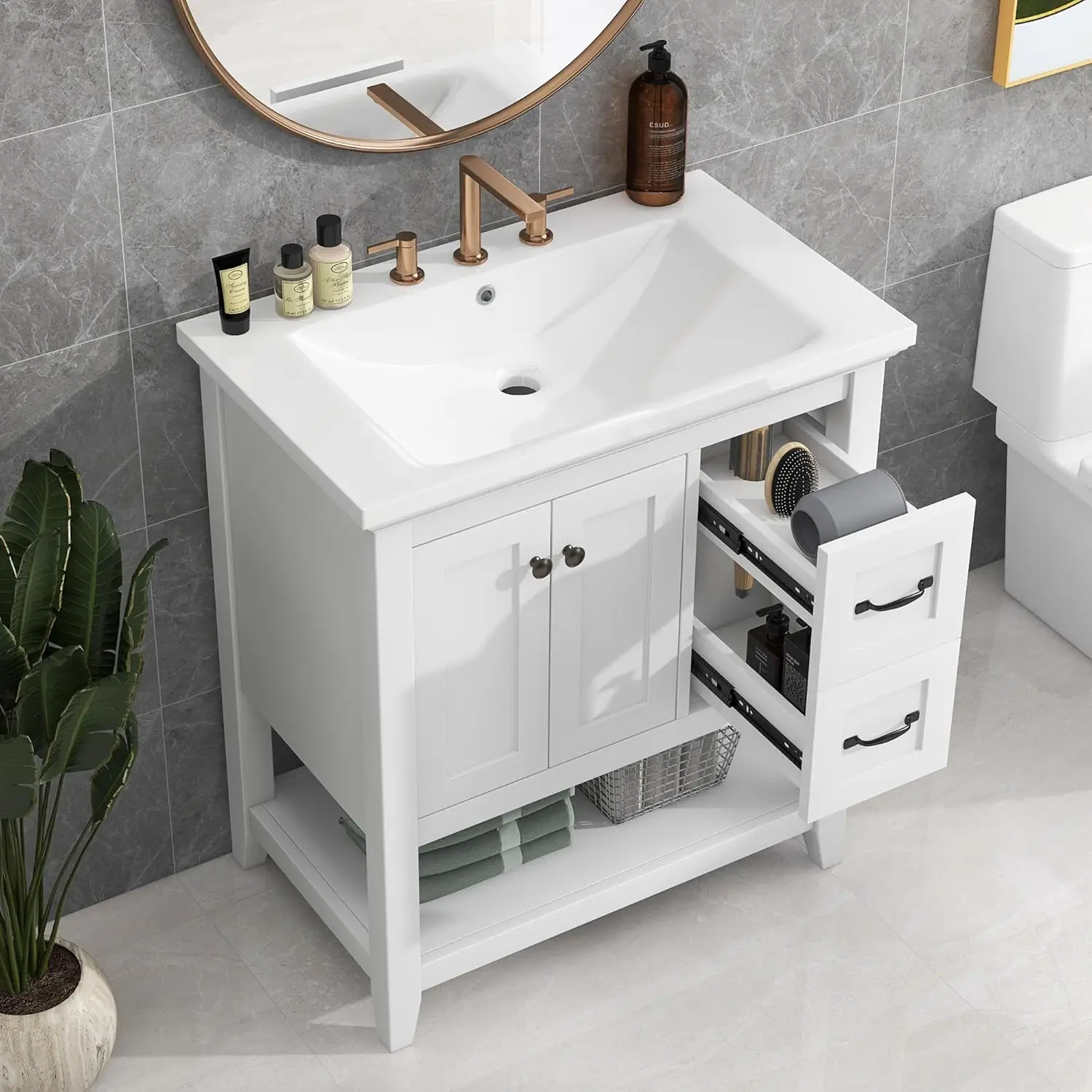 30 Inch Bathroom Vanity Cabinet with Ceramic Sink, Two-in-one Functional Drawer, Sold Wood Legs, White