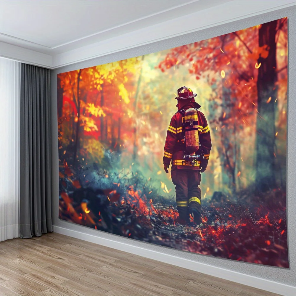 Brave Firefighter Hero Tapestry Wall Hanging, Burning Autumn Forest Fireman Art for Bedroom Headboard Aesthetic Wall Decor