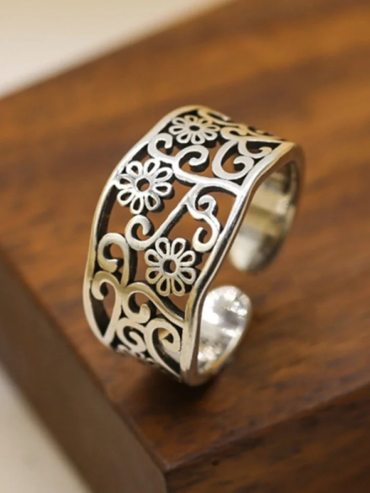 

Модные открытые полые кольца с цветочным принтом, винтажные патинированные кольца суда, кольца с растениями и цветами, ювелирные изделия, круглый материал из медного сплава