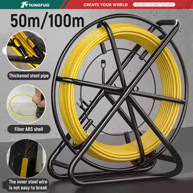 TUNGFULL 50M 100M Fiberglass Cable Rod Duct Rodder Wire Pulling Tool Electrician Fish Tape Cable Puller with Reel
