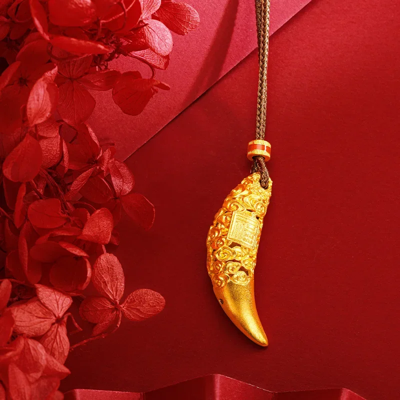 VivoGold9999 24K Real Gold Koi Pendant Micro Inlaid Divine Beast Compass Hollow Wolf Teeth Necklace