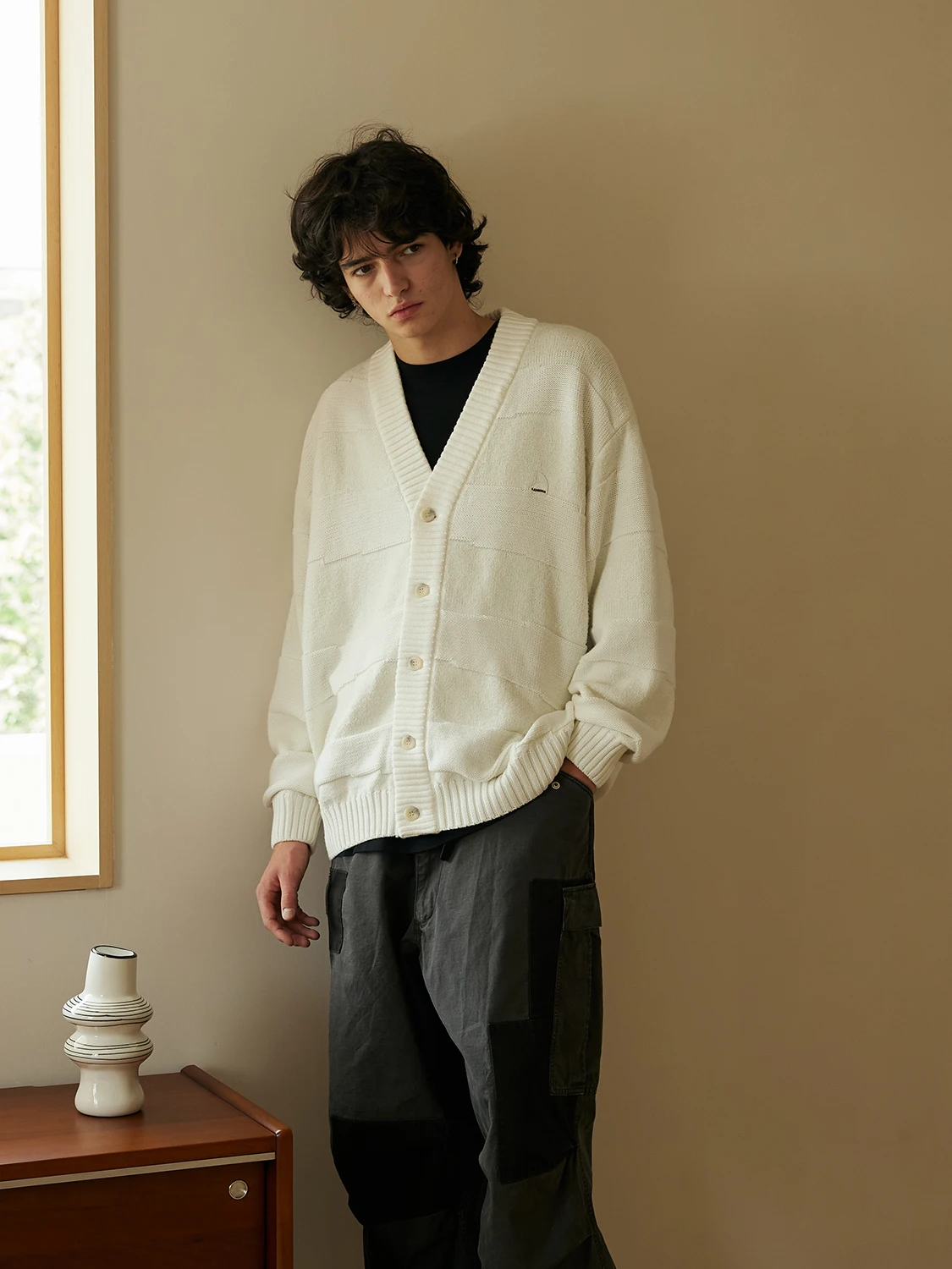 LAPRIMA Knit Cardigan Sweater V-Ne Irregular Stripes Loose Fit Long Sve Youthful Sle Winter Season Open Cardigan