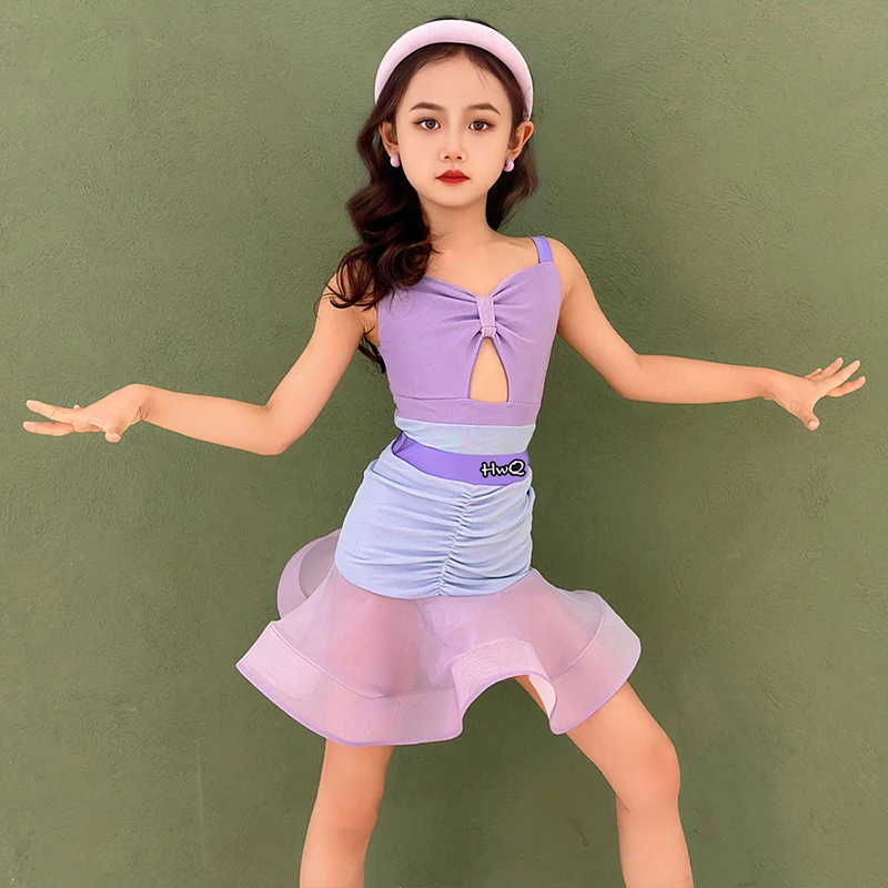 Lila Tanzanzug für lateinamerikanische Performance-Mädchen, Sommer, ärmelloses Oberteil, Rüschenröcke, Rumba, Tango, Trainingskleidung, lateinamerikanisches Kleid 2061