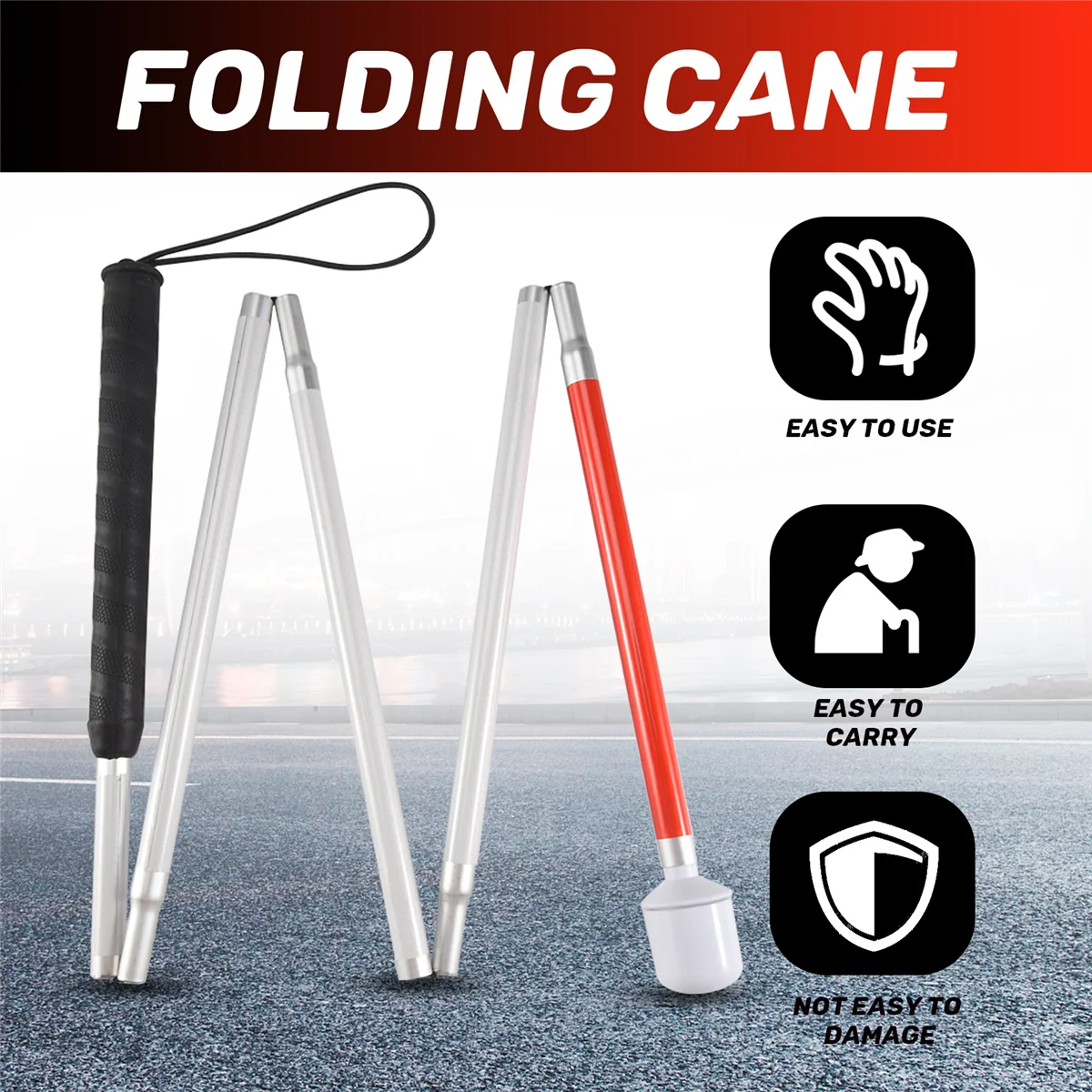 L68AAluminum Folding Cane 4-Sec Folding Cane with Rolling Tip for Blind Walking Stick