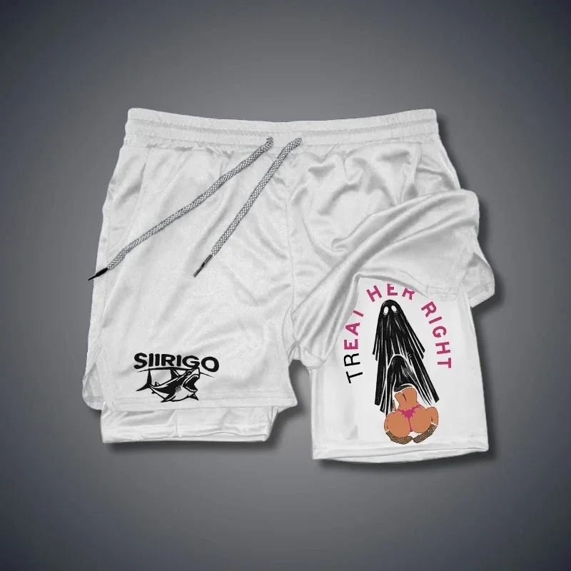 Dois-em-um esportes fantasma impressão respirável shorts, adequado para homens de dupla camada de corrida, secagem rápida esportes