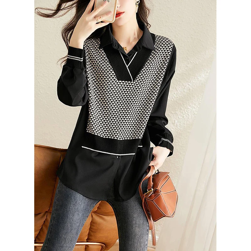 Spring Autumn Fake Two Pieces Knitting Patchwork Shirt Ladies Casual Fashion Long Sleeve Pullover Blouse Women\'s Vintage Tops