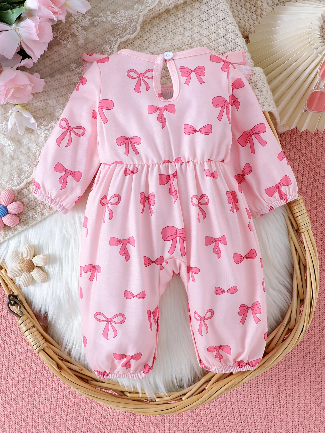 Autumn New Style For 0-1 Year Old Girls, Comfortable Sweet And Cute Round-Collar Bow Printed Jumpsuits