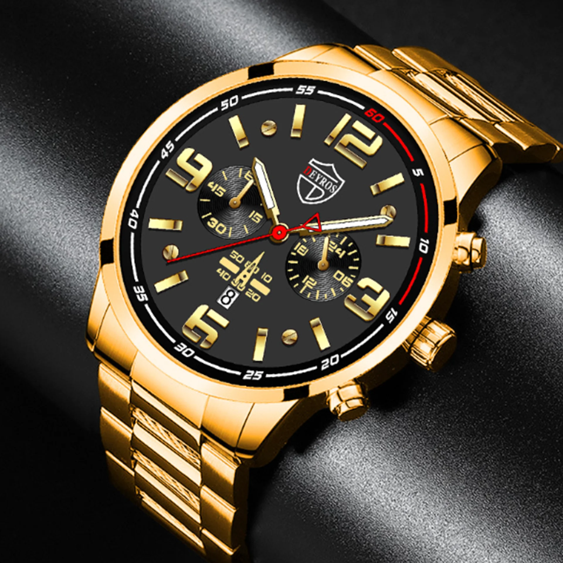 Ensemble de montres décontractées en or pour hommes, montre d'affaires élégante, montre-bracelet de loisirs en acier inoxydable, calendrier de luxe, 5 pièces