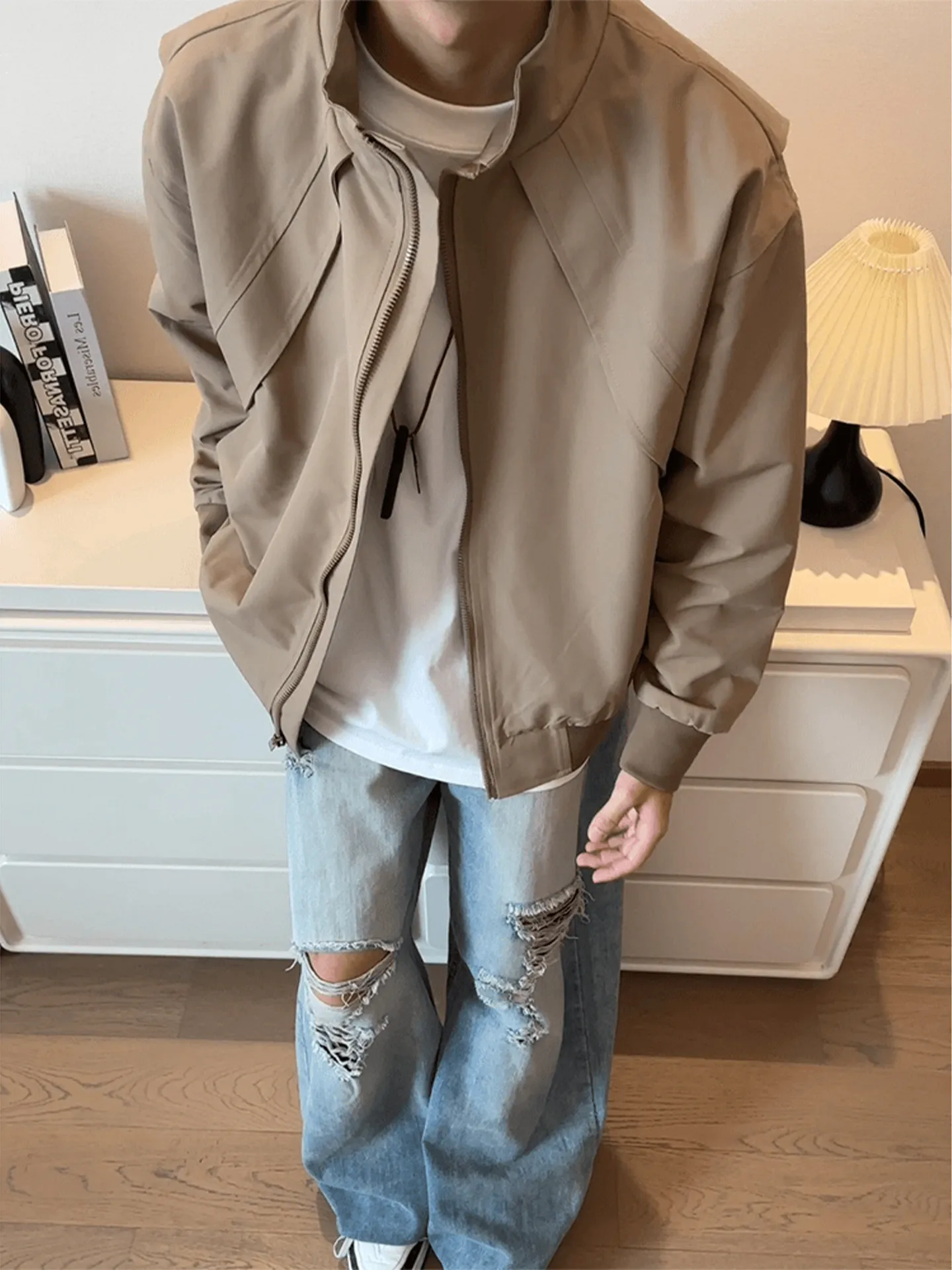 Short Flight Jacket Men's Style Deconstructed Patchwork Outdoor Three-Proof Fleece-Lined Stand Collar Spring Autumn Jacket