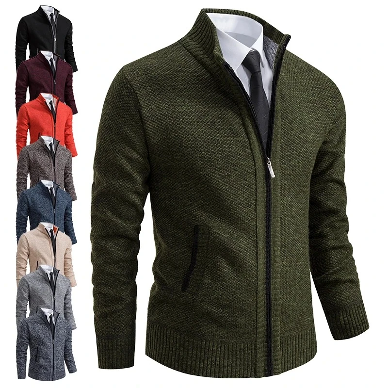 

Осенне-зимний трикотаж, мужское повседневное вязаное спортивное пальто, однотонный свитер с воротником-стойкой, мужской флисовый теплый кардиган на молнии