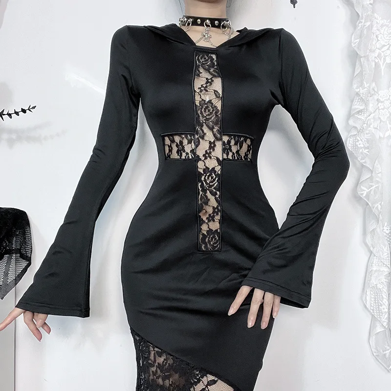ONE TO WAN Goth Dark Elegant Damen Kapuzenkleid Mall Gothic Kreuz Ausgeschnittene Spitze Gespleißtes Party Acubi Sexy Bodycon Kleider Slim – Detail 9