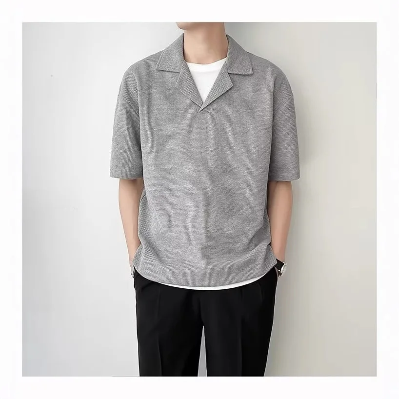 Summer Waffle Cuban Lapel Slim Short Sleeve Polo Shirt Men's Korean Casual Top