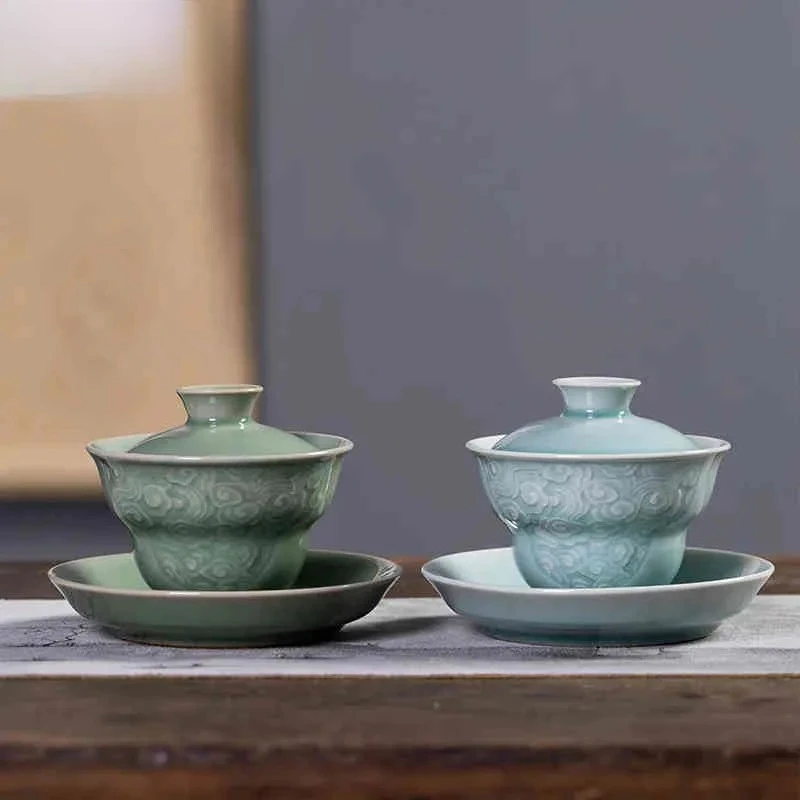 

160ml Luxury Plum Green Ceramic Gaiwan Handmade Longquan Celadon Gourd Sopera Tea Tureen Tea Maker Cover Bowl Teaware Collection