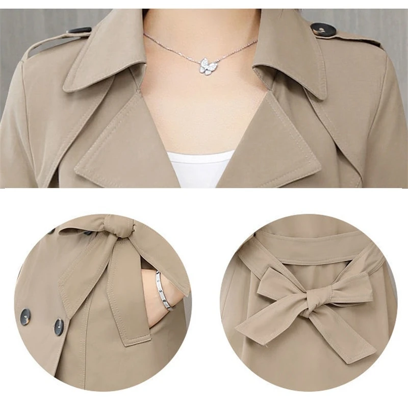 2024 New Spring Autumn Trench Coat Women Clothes Slim Long-Sleeved Short Windbreaker With Belt Casual Outwear Female Tops Lining