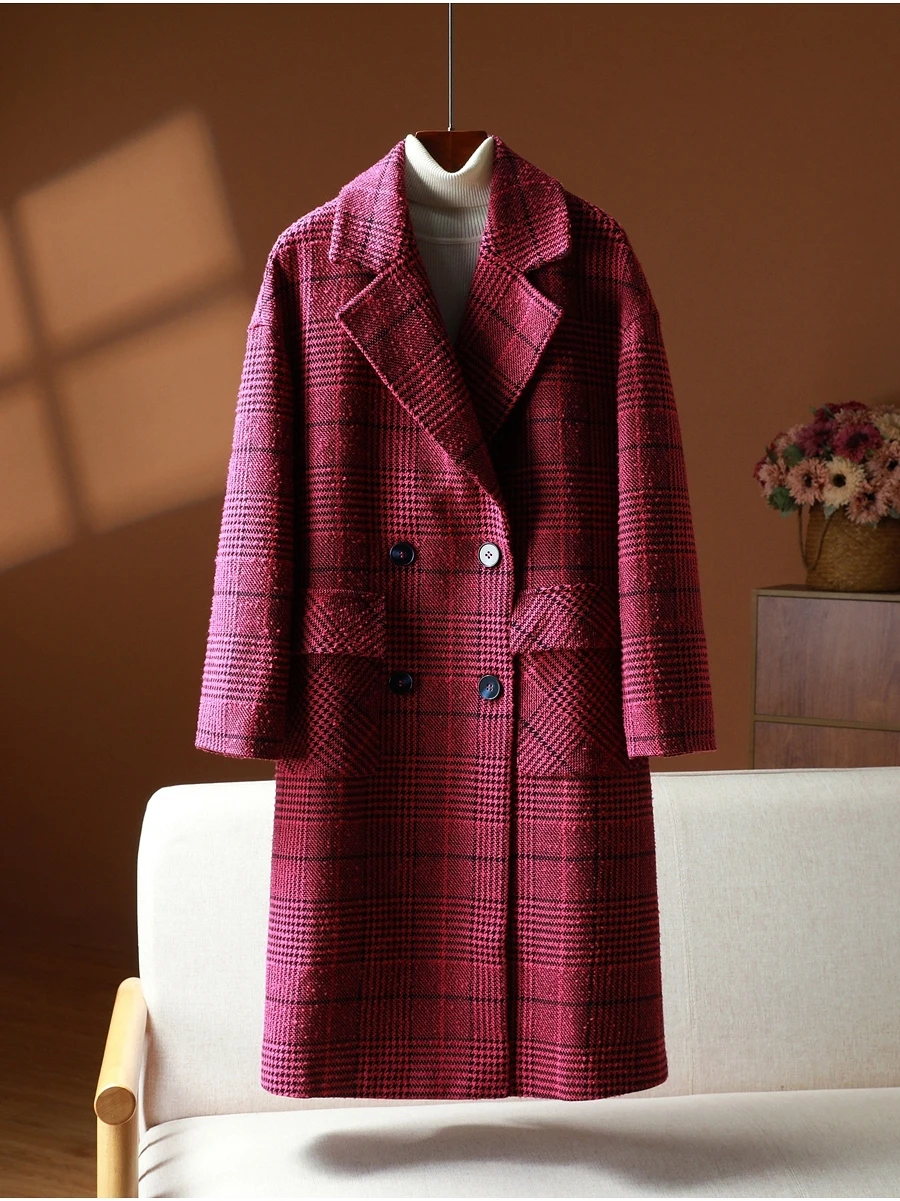 H-Series Women's Plaid Coat Loose Fit Suit Collar Mid-Length Outerwear Autumn Winter Fashion Polyester Wool Blend Jacket
