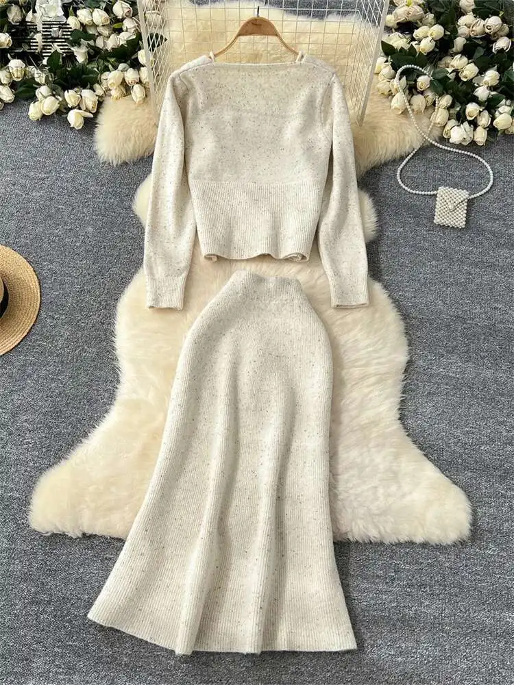 BabYoung delikatna gruba dzianina 3 szt. Garnitury jesień z długim rękawem luźny kardigan + 3D kwiat Camis + solidna spódnica moda damska ciepłe zestawy