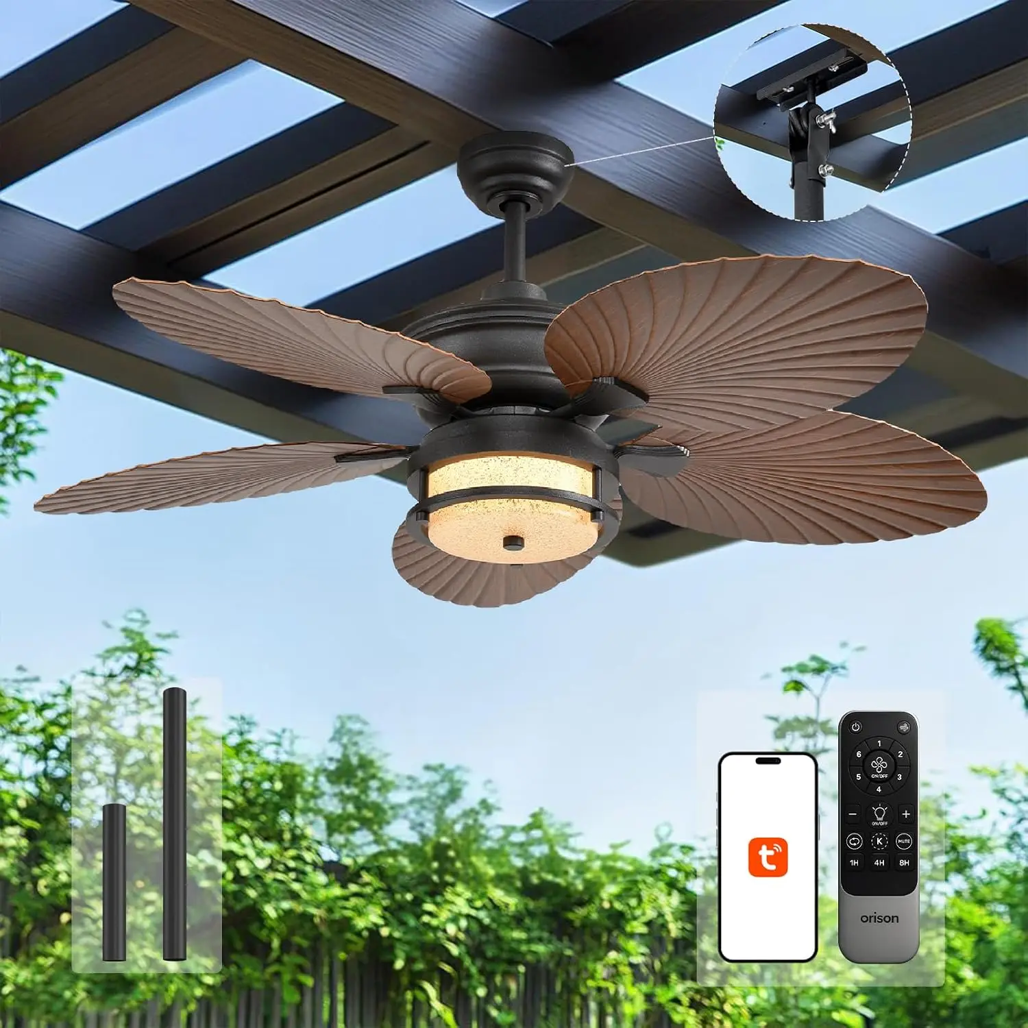 Orison 52'' Outdoor Ceiling Fan with Lights, Tropical Palm Leaf Fan, Wet Rated for Patio, Porch & Gazebo, Dimmable LED, 6-Speed, Remote & App Control, Plug-in/Flush Mount, Bronze
