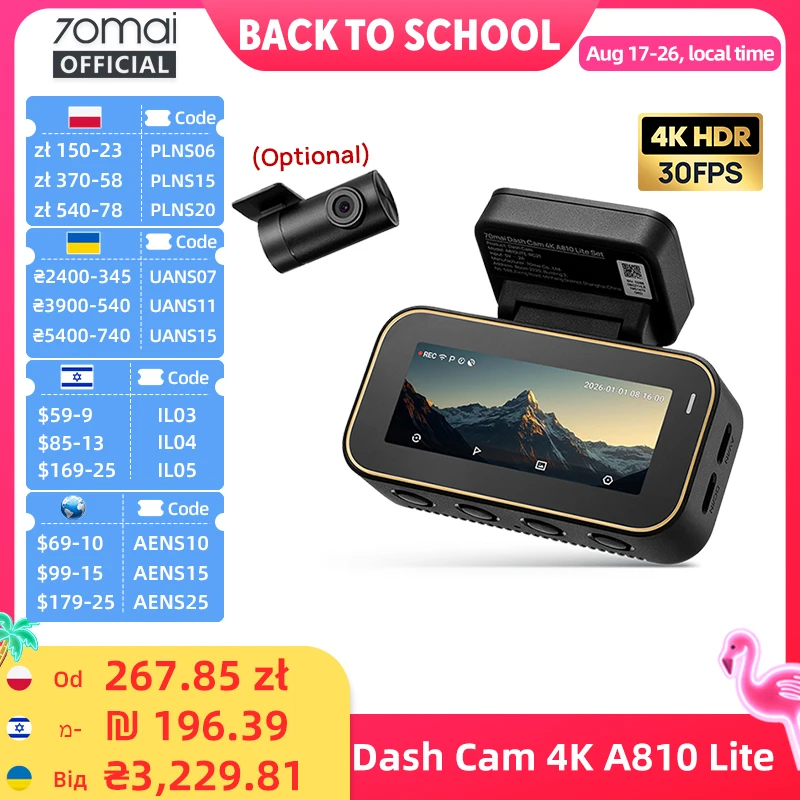 Nowa kamera samochodowa 70mai 4K A810 Lite HDR Superkondensator 4G Kompatybilna z kontrolą głosową Wi-Fi 6 GPS Rejestrator samochodowy 70mai A810 Lite