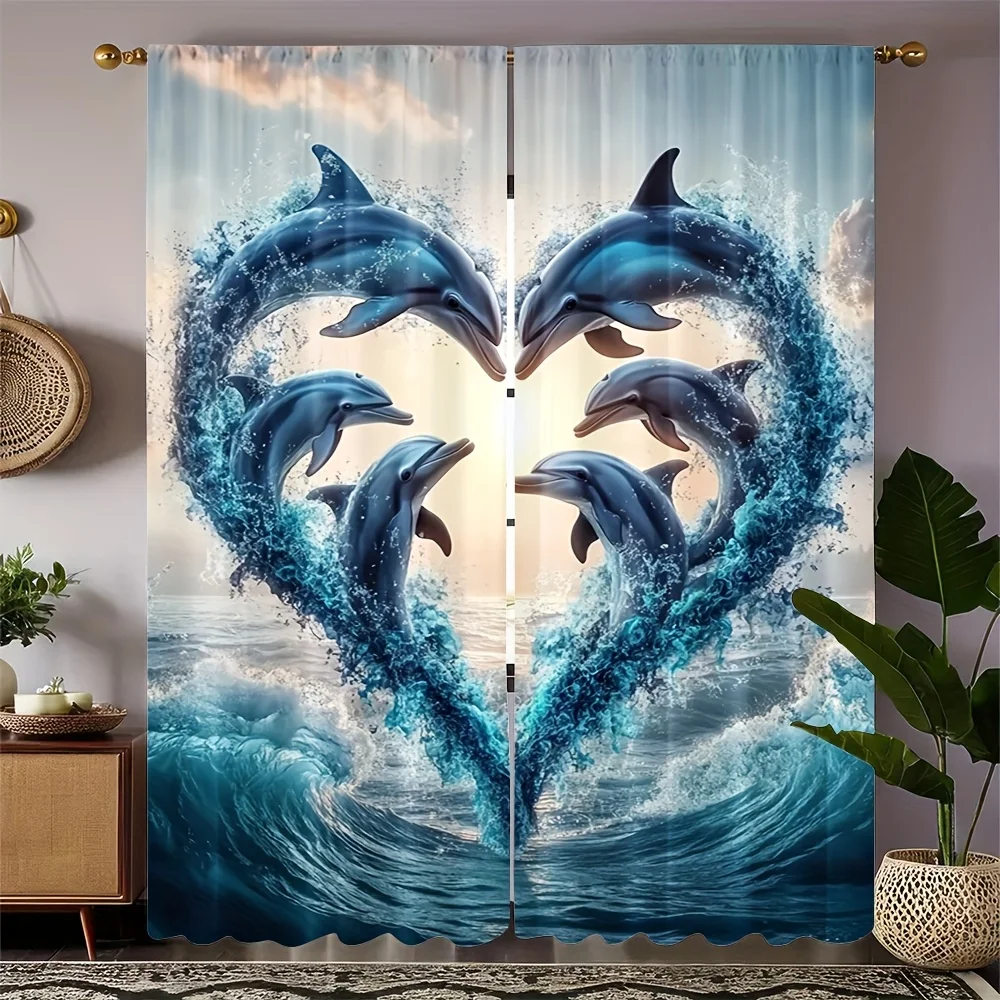 Heart Shaped Dolphin Rod Pocket Curtain Six Dolphins Form Love Shape Ocean Wave Sunrise Print Window Drapes Couple Bedroom Home